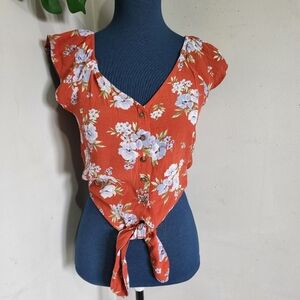 American Eagle Orange Floral Crop Shirt Top